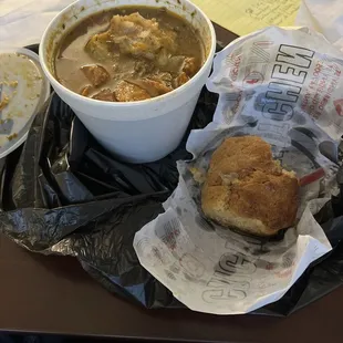 Hot smashed potatoes and gumbo with honey biscuit