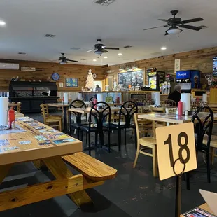 a restaurant with tables and benches