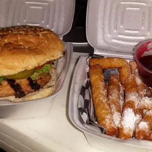 Chicken galore sandwich and funnel cake fries.