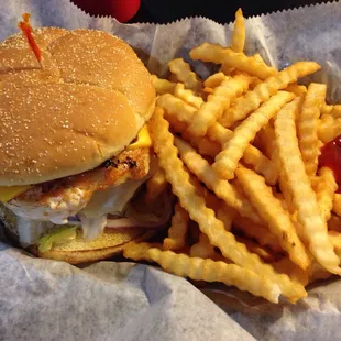 Grilled chicken sandwich with crinkle fries