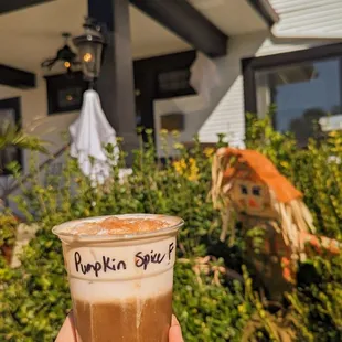a person holding a cup of pumpkin spice coffee