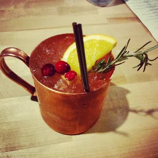 Holiday Mule- cranberry, ginger beer, Grand Marnier, vodka, cranberry