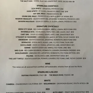 Menu cocktails