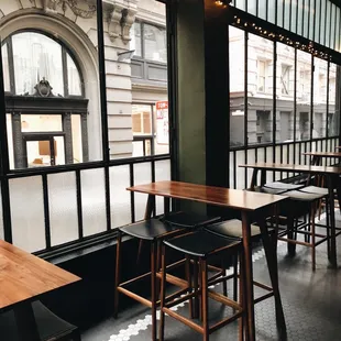 a row of tables in a restaurant