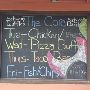 The outdoor Core chalkboard menu.