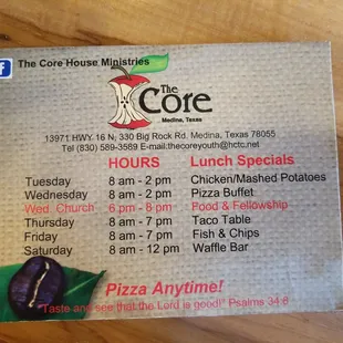 So this is the cores current lunch times and specials !