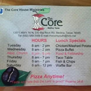 The Core's daily lunch specials served buffet style.