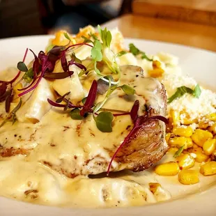 Pork Porterhouse~ 12 oz. dry-aged Duroc pork, Calvados (brandy!) apple &amp; cream sauce