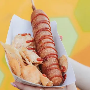 a hand holding a hot dog with ketchup and potato chips
