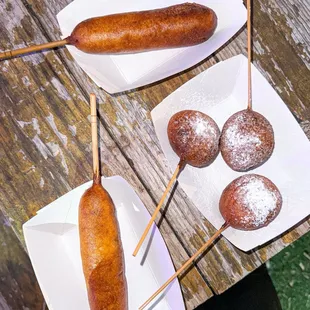 Two little corn dogs ($6 each) and three fried Oreos ($5).