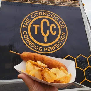 Foot long honey corndog and homemade chips!