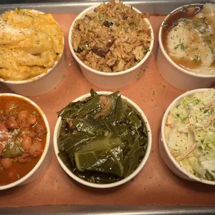 Side dishes, Mac n cheese, dirty rice, mashed potatoes, bbq bean, collard green, cole slaw
