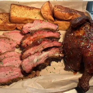 3 meat dinner with pork baby back ribs and 1/2 smoked chicken