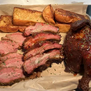 3 meat combo with smoked chicken, pork baby ribs, tri tip