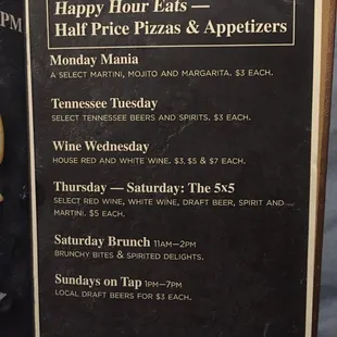 Happy Hour Weekly Specials