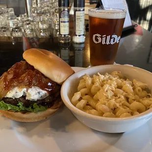 "Corner Bar BBQ burger" with a side of their Mac and Cheese.