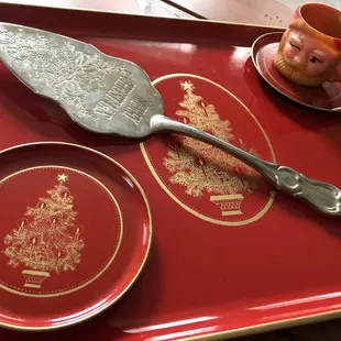 Vintage tray with coasters, silver cake server, adorable tiny Santa cup
