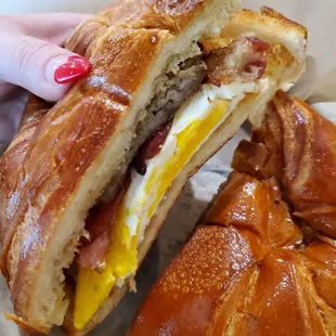 Croissant breakfast with sausage. Added bacon and no cheese. Bomb!