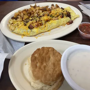 Loaded Omelet and biscuit with gravy.