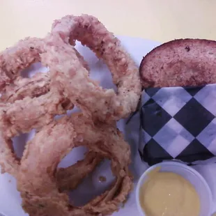 BEST ONION RINGS! That sandwich is not tiny! The onion rings are HUGE, crispy, and delicious!