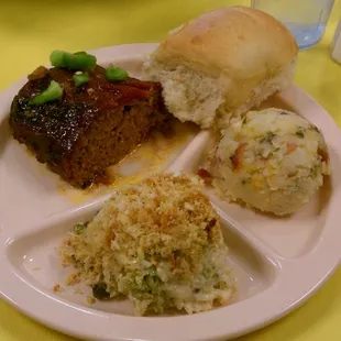 Meatloaf, broccoli rice casserole, "loaded" mashed potatoes.