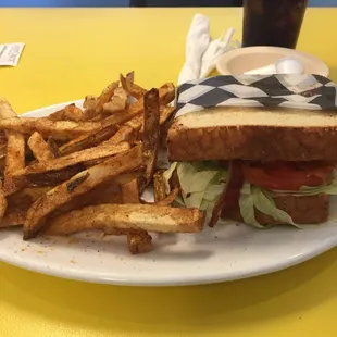 BLT with French fries and a Diet Pepsi