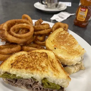 Roast beef Ortega grilled sourdough sandwich &amp; homemade onion rings.