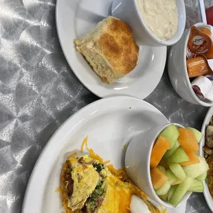 Broccoli and bacon omelette with included side of biscuits and gravy