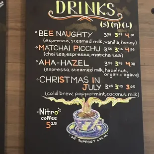 Specialty drinks for the season! I recommend the Matchai Picchu if you enjoy Chai.