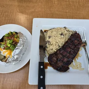 New York Stk mushrooms risotto and a delicious baked potato