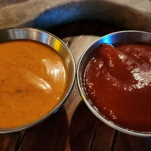 Secret sauce (left) - like a sesame spicy mayo. Homemade ketchup (right)