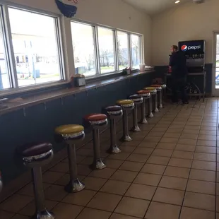 a row of stools in a diner