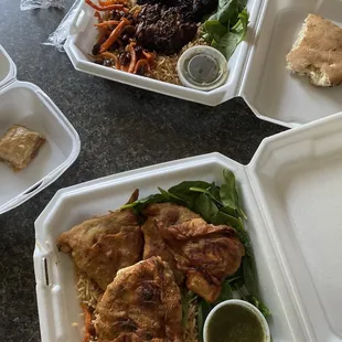 Chapli kebab (top) and chicken sambosa (bottom)