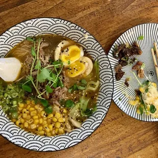 Duck chipotle miso ramen, korean esquites, kimchi crispy brussel sprouts