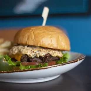 OFFICE BURGER* Black Angus, Stone Ground Mustard Aioli, Cheddar, Grilled Onions, Brioche Bun