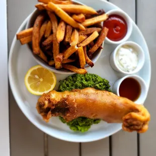 Fish and chips and smashed peas