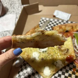 a hand holding a slice of pizza