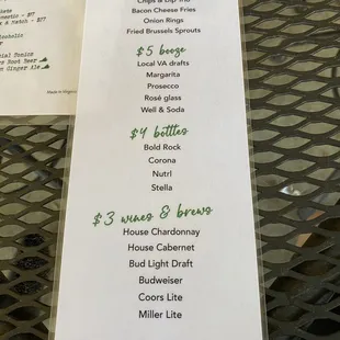 Happy hour menu