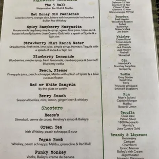 Spirits menu