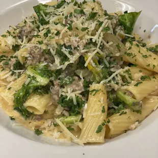 Our new entree - Italian Sausage Rigatoni - with kale in a creamy tomato sauce