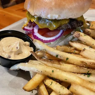 a cheeseburger and french fries