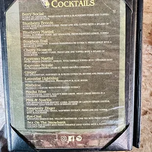 a menu for the corner cocktails