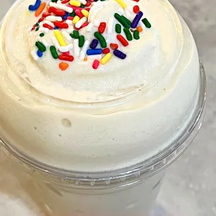 20oz. Birthday Cake: Vanilla Protein served w/ sprinkles | 200 cal. 18g carbs. 5g sugar, 24g of plant based protein