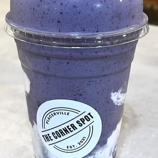 20oz. Blueberries, Vanilla Protein &amp; whipped cream w/ graham crackers | 215 cal. 18g carbs. 5g sugar, 24g of plant based protein