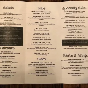 the menu of the restaurant