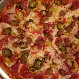 Spicy Sausage pizza. I added pepper flakes because I love heartburn! Wonderful!