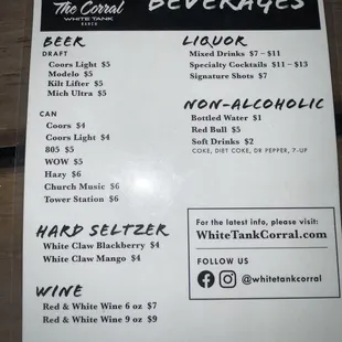 Menu drinks