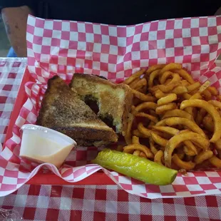 Patty melt and curly spiced fries