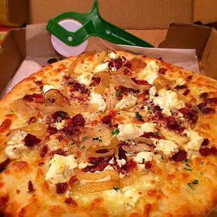 Goat cheese, bacon, onion!