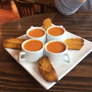 Complimentary almond basil biscotti with tomato bisque